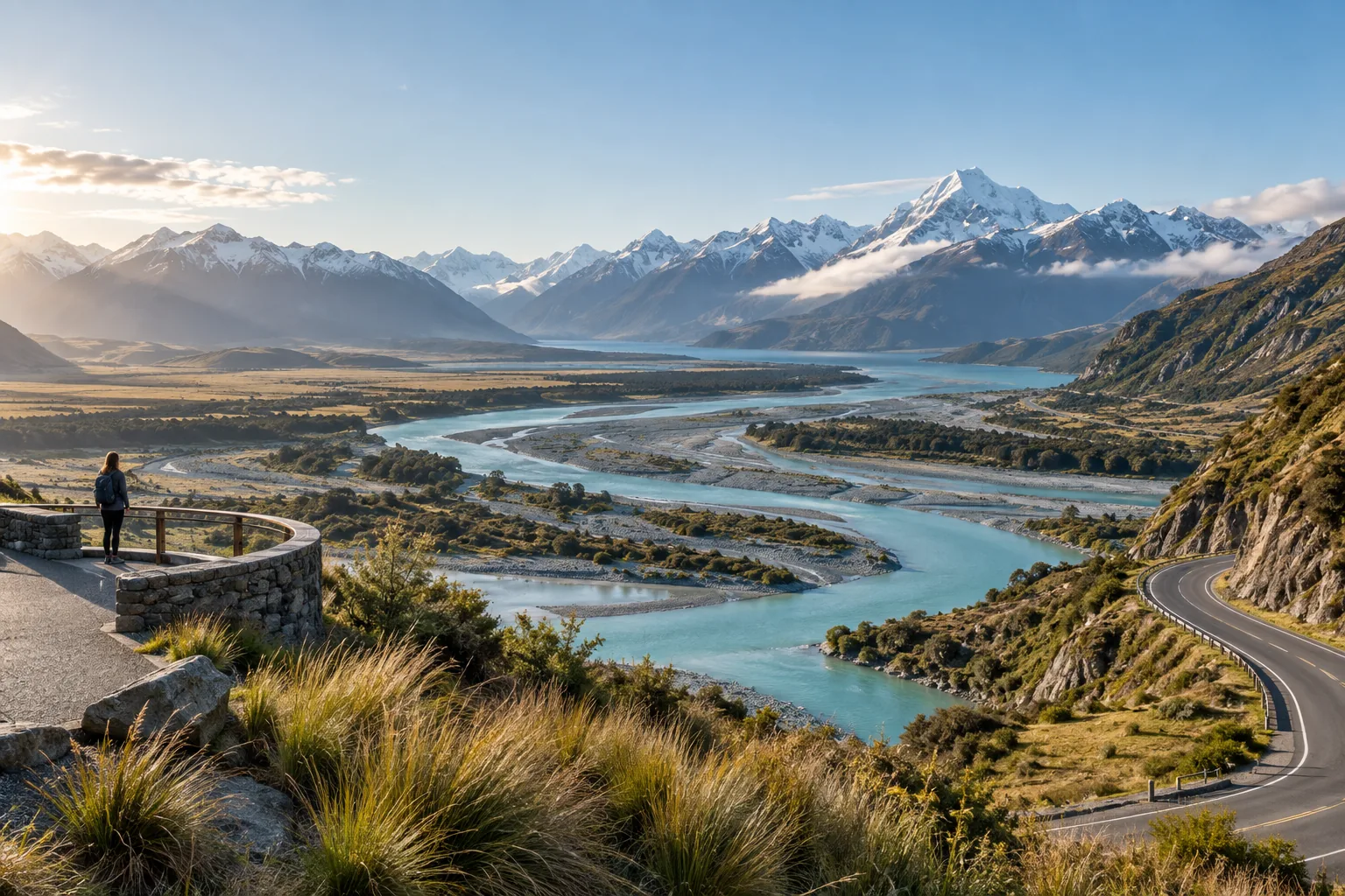 Braided river and alpine road in New Zealand